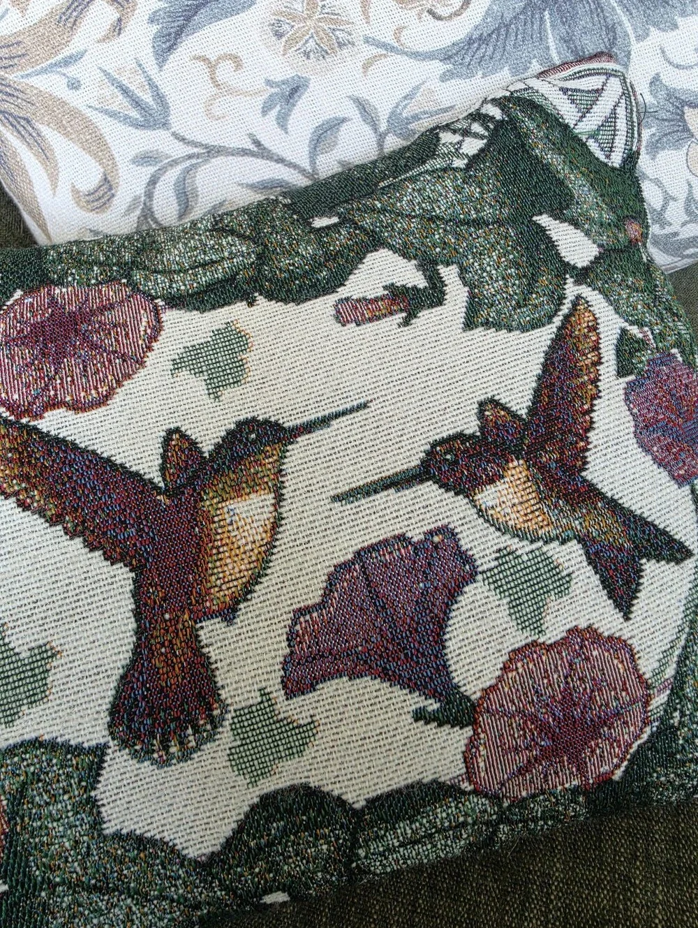 Vtg Hummingbird Bird Garden Tapestry Throw Pillow Floral Cottagecore Pillow